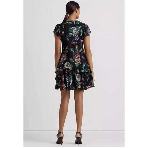 RALPH LAUREN V-neck Ruffled Hem Floral Print Georgette Drop Waist Dress 0 New - Picture 4 of 7